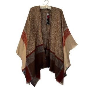 Fraas Shawl Wrap Open Ruana Poncho Oversized Cardigan Sweater Brown Plaid